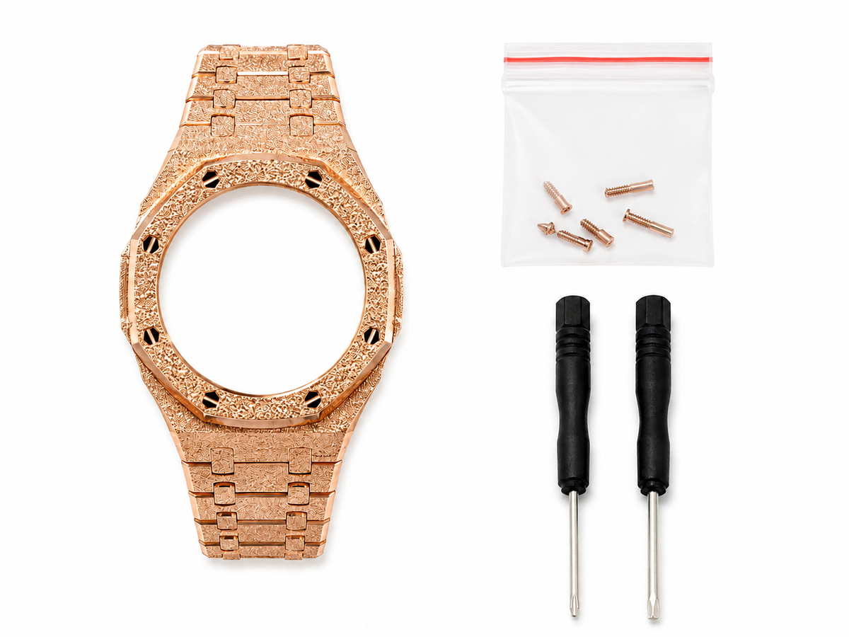 Rose Gold Frosted Casio GA-2100 Mod Kit – Stainless Steel CasiOak Case & Strap Upgrade